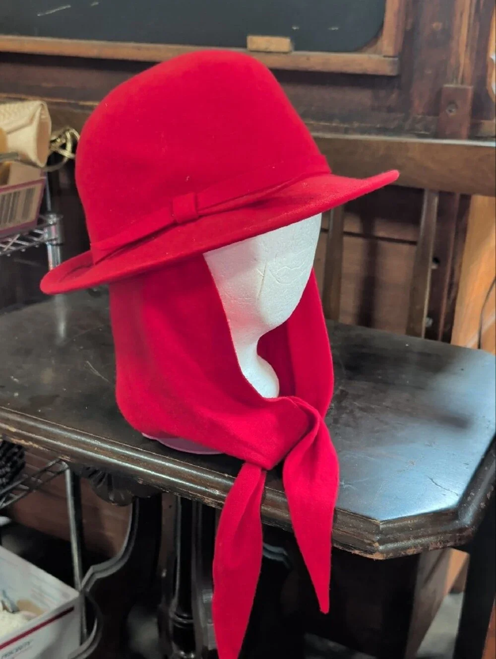 Vintage Street Smart by Betmar Red Wool Cloche Hat & Attached Scarf Set